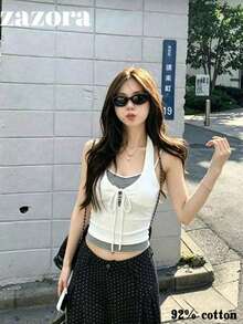 條紋拼接 2 合 1 細肩帶背心，設計感修身短版夏季上衣，女款 - 白色 - 查看 1