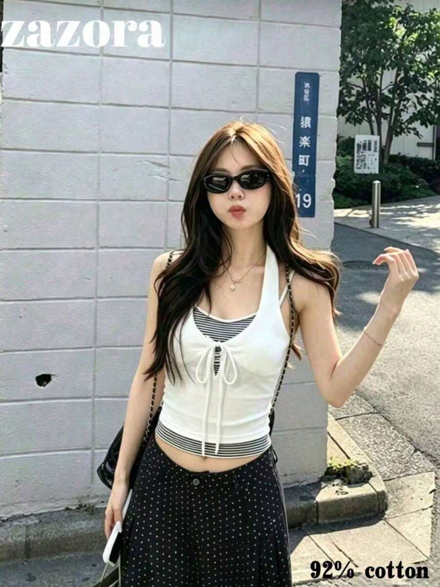 條紋拼接 2 合 1 細肩帶背心,設計感修身短版夏季上衣,女款 - 白色 - 查看 1