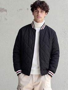 Teen Boys Diamond Quilted Thickened Baseball Jacket, Striped Ribbed Collar Zip-Up Casual Jacket - Black - View 3