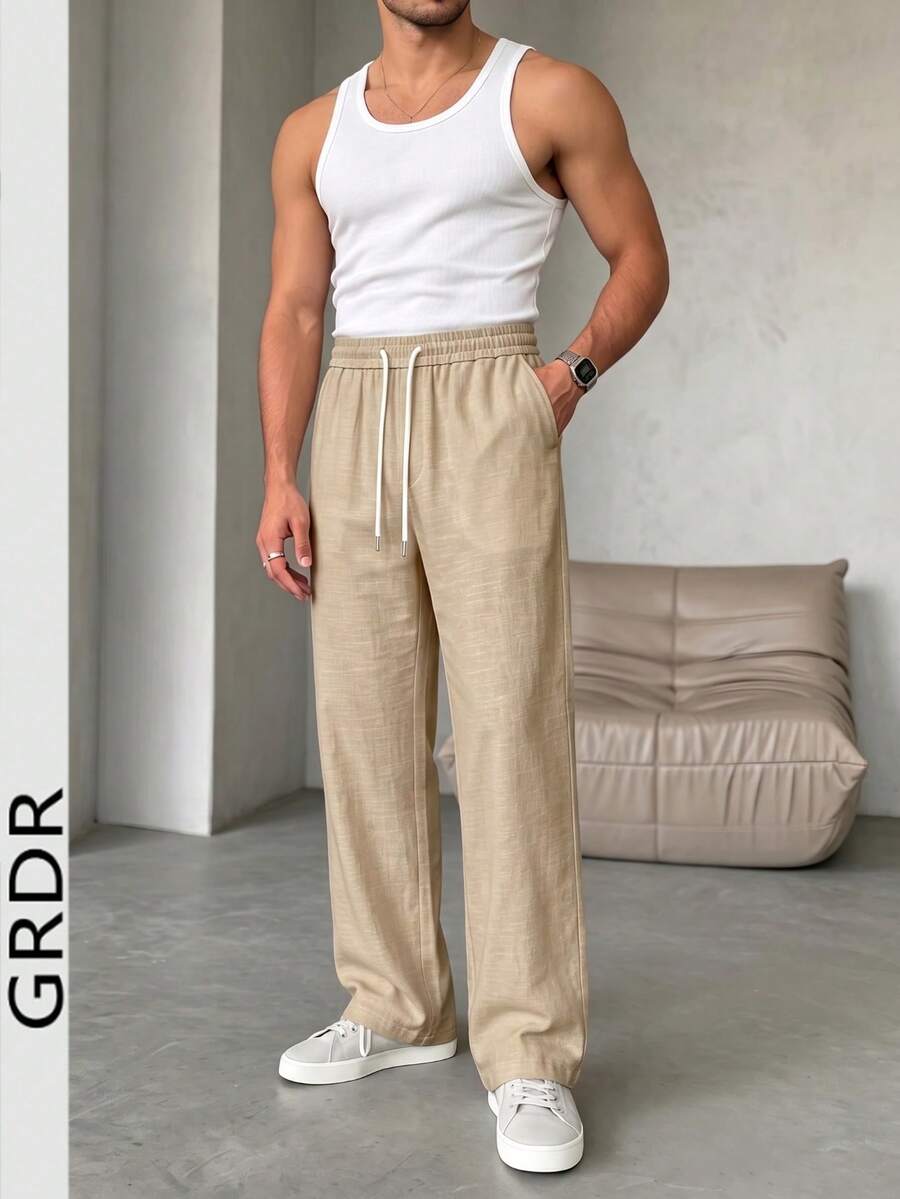 GRDR Apricot Elastic Waist Drawstring Casual Pants Men's Summer Lightweight Breathable Loose Drape Lazy Wide Leg Long Pants