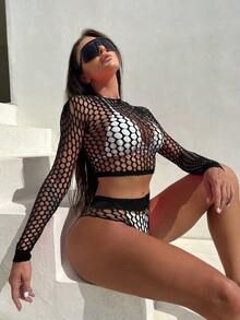 Women's Knitted Hollow Out Long Sleeve Cover-Up, Hollow Out Tight-Fitting Mesh Top, Bikini Outerwear, Vacation Cover-Up 2-Piece Set - Black - View 4