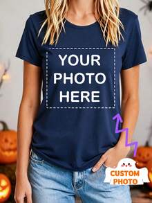 Personalized Women's T-Shirt, Customizable With Text And Photos, Suitable For Christmas Party And Holiday Gifts, Casual Summer Outfit, Birthday Custom Print T-Shirt - Navy Blue - View 2