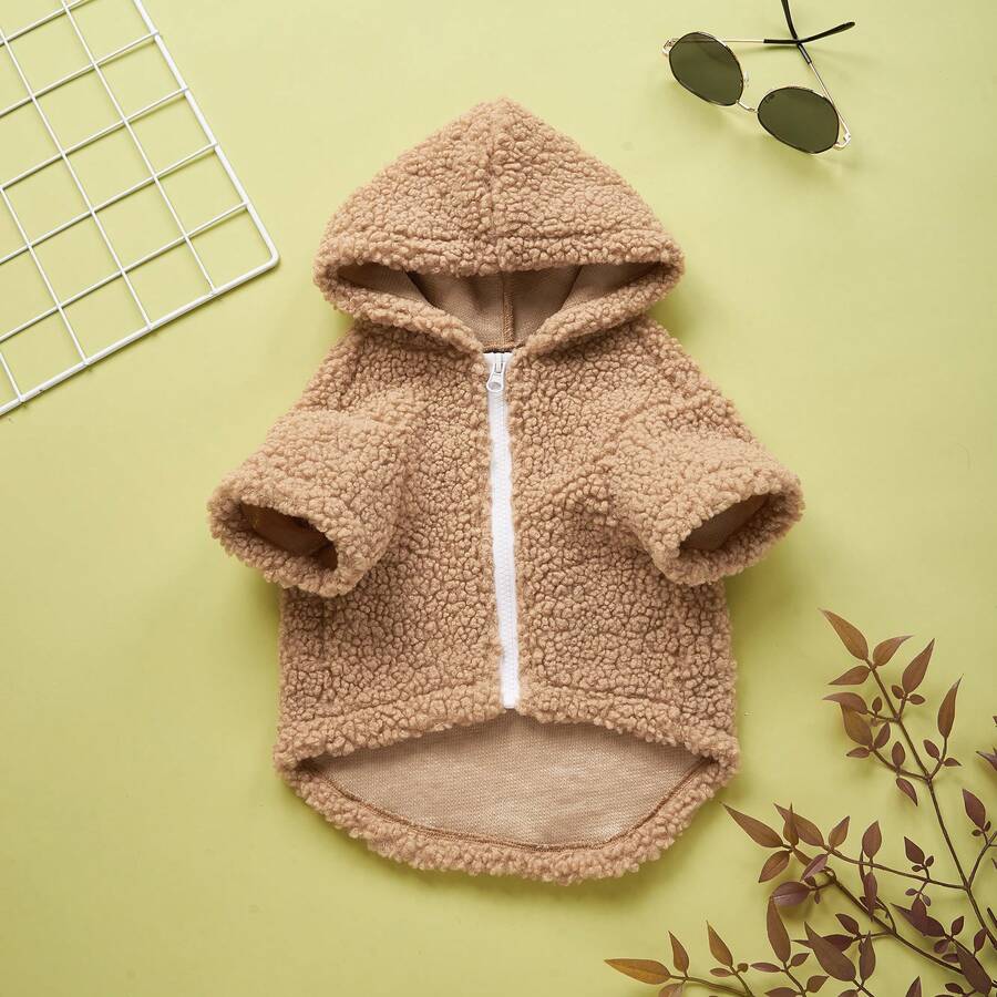 1pc Teddy Fleece Cute Pet Jacket Zipper Front Cat Dog Outdoor Coat Autumn Winter - Mocha Brown - View 1