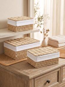 3pcs/Set(S+M+L)/1pc Bohemian Style Handwoven Storage Basket Set With Lid, Woven Lining Organizer Tray, Suitable For Cosmetics, Keys, Snacks, Bathroom, Bedroom, Kitchen, Living Room, Desk, Rustic Home Decor Storage Bucket, Lightweight And Durable, Ideal Gift And Small Item Storage - Khaki - View 3