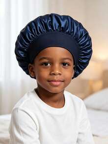 1pc Kids Satin Hair Bonnet, Wide Stretch Elastic Band Sleep Cap, Silk‑Like Night Bonnet For Children Boys Hair Care Home Sleeping - Sleep Cap - View 3