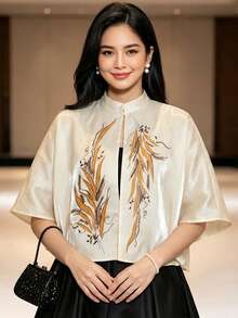 Modern Filipiniana Printed Cape Bolero 1-Button Women's Top - Champagne - View 5