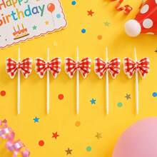HIBIRTH 5pcs Cute Red Striped Bow Candles Cake Decoration Supplies Creative Pink Bow Candles Birthday Party Baking Plug-In - View 5