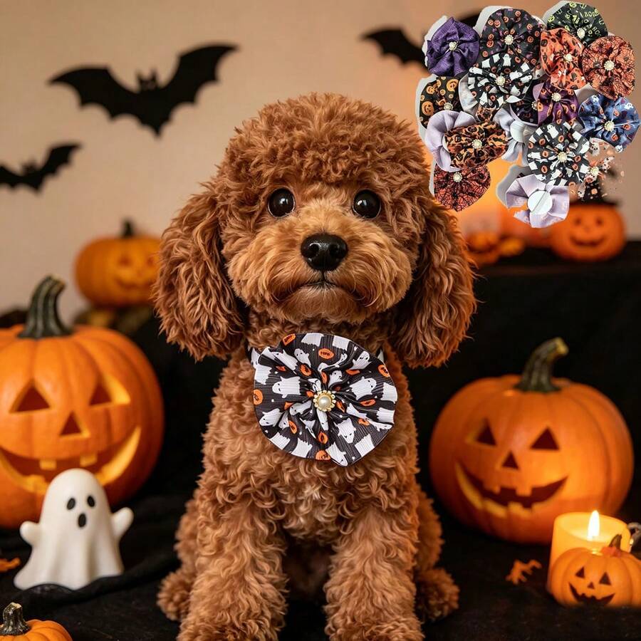 10 Pcs Color In Random Halloween Dog Collar Flowers Bulk, Pumpkin Ghost Skull Cat Accessories - Multicolor - View 1