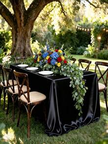 1pc 145*259cm Rectangular Satin Tablecloth, Silky Fabric, Woven, Suitable For Party, Holiday Dinner, Wedding Reception Table Decoration (Multiple Sizes And Colors) - Black - View 6