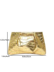 Autumn New Fashion Solid Color Clutch Bag Crocodile Texture Pleated Cloud Bag Solid Color Casual Bag Envelope Bag Makeup Bag Travel Accessory Bag Inner Bag Toiletry Bag Storage Bag - Gold - View 3