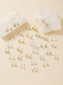 30 Pairs Minimalist Fashion Heart-Shaped Craft Flower & Star Earrings Set, Assorted Designs, Delicate Stud Earrings For Women, Casual, Vacation, Beach Wear, Holiday Gift Jewelry - Yellow Gold - View 2