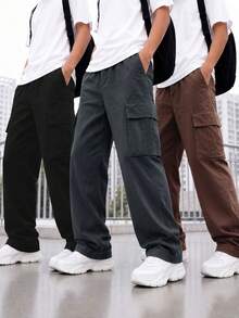 3条装青少年男童时尚纯色休闲宽松直筒工装裤，带大口袋，适合户外运动、秋冬季穿着 - 彩色 - 查看 8