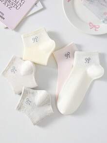 5雙女款可愛甜美透氣蝴蝶結圖案短隱形船襪，短襪與踝襪，白色襪子、粉色襪子，學院風，適合日常休閒穿著，適用春夏秋冬 - 彩色 - 查看 5