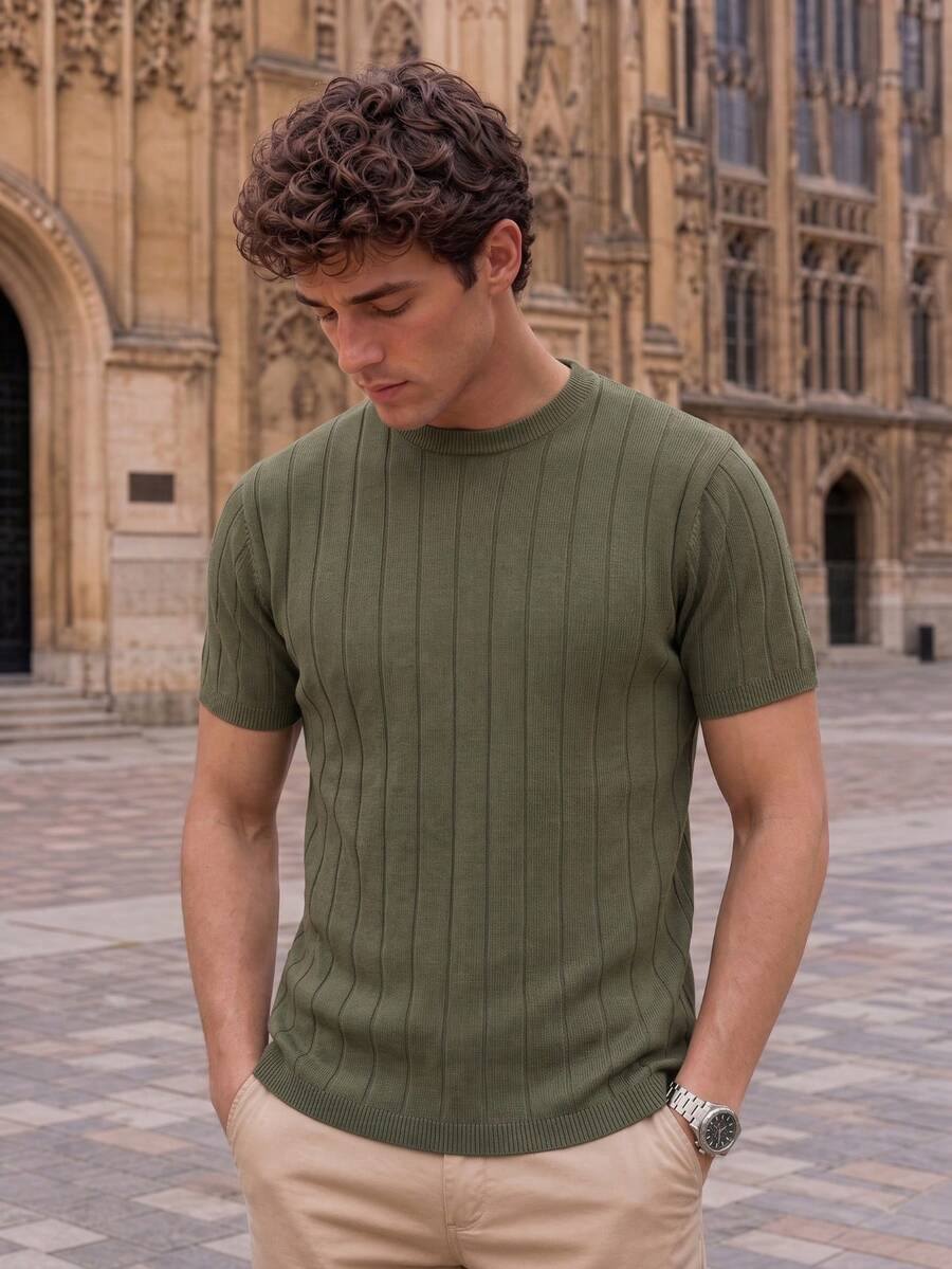 Men's Vertical Ribbed Crew Neck Short Sleeve T-Shirt, Vintage Casual Summer Streetwear Top - Army Green - View 1