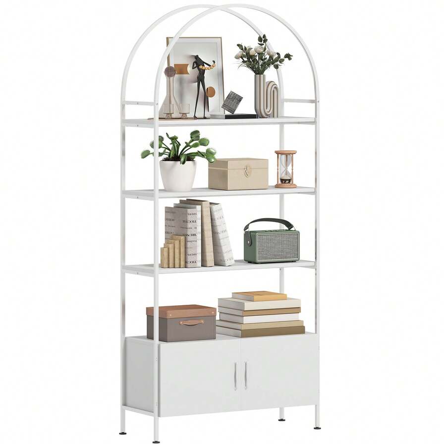 Opbergrek, 4-laags gebogen boekenkast met dubbele kastdeur, 80 x 30 x 187 cm, wit - A - Bekijken 1