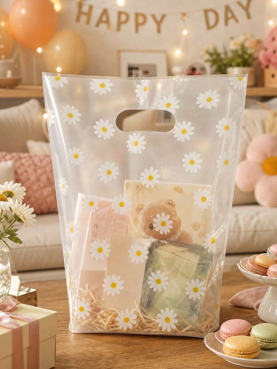 100/50/20/10pcs White Daisy Pattern Plastic Shopping Bags, Premium Retail Transparent PET Gift Bags, Suitable For Party Favors, Baking Packaging, Supermarket Shopping And Picnic, Picnic Essentials, Transparent Design, Sturdy Structure, Gift Bags