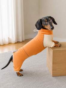 1PC Classic Colorblock Dachshund Dog Pajamas With Adjustable Neck And Back Drawstring, Soft High Stretch Warm Sausage Dog Jumpsuit ,Anti-Shedding Sleepwear For Dackel Teckel Dogs Wiener Dogs - Orange - View 2