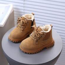 Kids' Thermal Lined Boots, Toddler Lace-Up Winter Warm Ankle Boots, Non-Slip Sole Snow Boots - Khaki - View 1