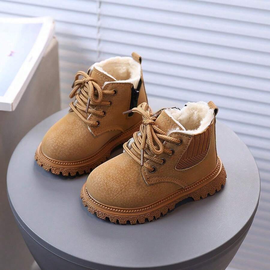 Kids' Thermal Lined Boots, Toddler Lace-Up Winter Warm Ankle Boots, Non-Slip Sole Snow Boots - Khaki - View 1