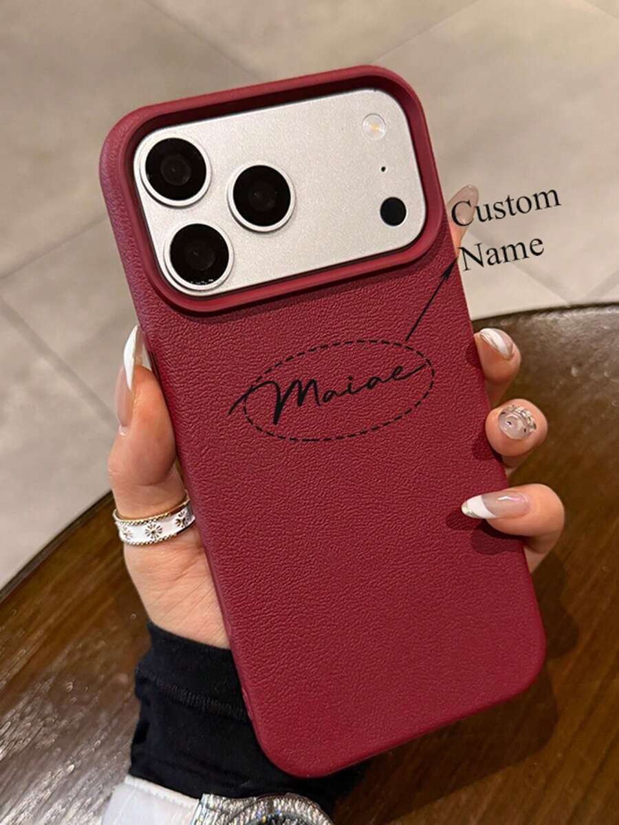 個性化客製化 DIY 姓名愛心圖案 奢華荔枝紋人造皮革手機殼,適用於 iPhone 17 16 15 14 13 Pro Max Plus,防震保護後蓋防撞殼,情侶禮物 - 紅色 - 查看 1