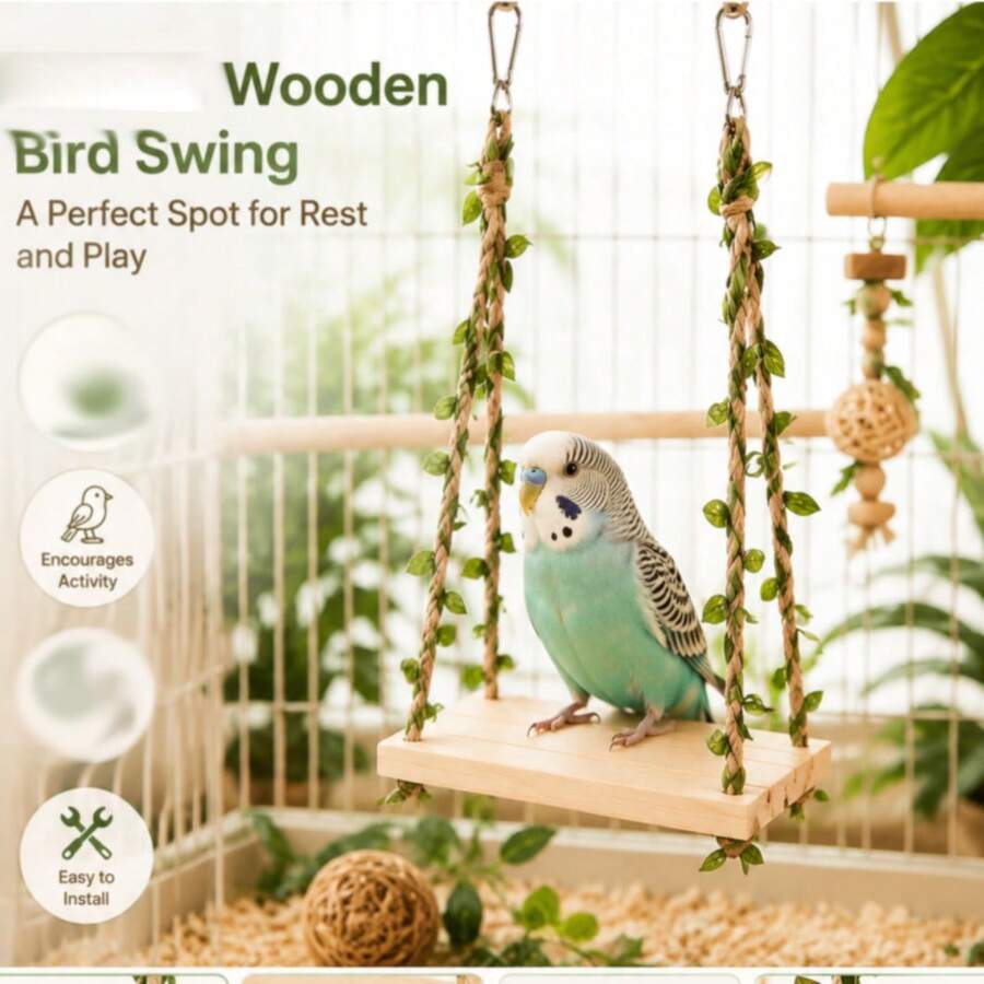 1pc Wooden Bird Swing Perch With Leaf Decoration, Hanging Platform Toy For Parrots, Small Parrots And Small Birds, Woven Rope Interactive Swing, Smooth Wooden Seat, Bird Cage Accessory, Suitable For Daily Play And Rest, Colorful Pet Bird Entertainment Supplies - View 1
