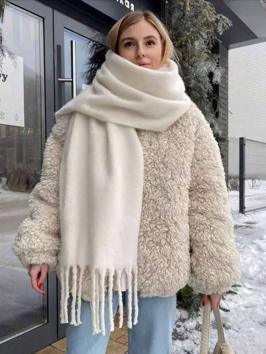 1pc Women's Solid Color Mohair Scarf, Autumn/Winter New Style One-Piece Collar Korean Version Premium Thick Warm Shawl - Multicolor - View 1