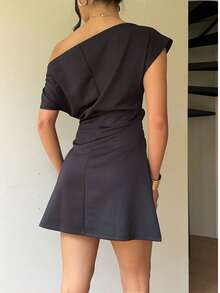 Unadoll Women's Autumn Black One-Shoulder Short Sleeve Ruched Mini Dress, Fitted Flare Skirt Elegant Summer - Black - View 3