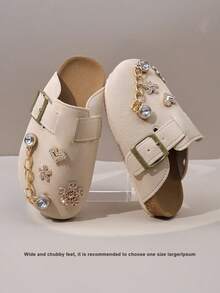 1 Pair Girls' Beige Faux Rhinestone + Heart Flower + Metal Chain Decor Non-Slip Wear-Resistant Soft Sole Closed-Toe Low-Top Buckle Flat Retro Casual Mule Shoes Spring/Summer School / Home / Outdoor Versatile - Beige - View 3