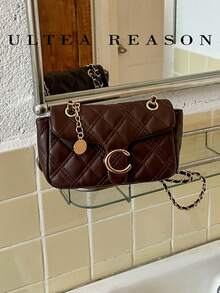 1pc Solid Color PU Leather New Women's Bag, Shoulder Bag, Crossbody Bag, Fashion Square Handbag, Quilted Chain Bag, Suitable For Commuting, Shopping, Dating - Coffee - View 8