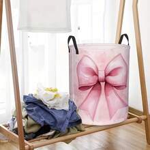 1pc Soft Pink Watercolor Bow Print Foldable Laundry Basket With Handles, Large Capacity Storage Bin For Bedroom Clothes Toys Organizer, Cute Home Storage Container - Pink - View 3