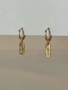 1 par de pendientes de aro rectangulares minimalistas con rosa en relieve, color dorado, delicados pendientes colgantes para mujer, uso diario, fiesta, accesorios de joyería, regalo - pendientes - Ver 1