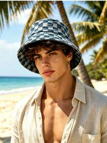 1pc Distressed Denim Plaid Brushed Bucket Hat, Minimalist Unique Style, All-Season Outdoor Beach Sun Protection Hat - Fisherman's Hat - View 9