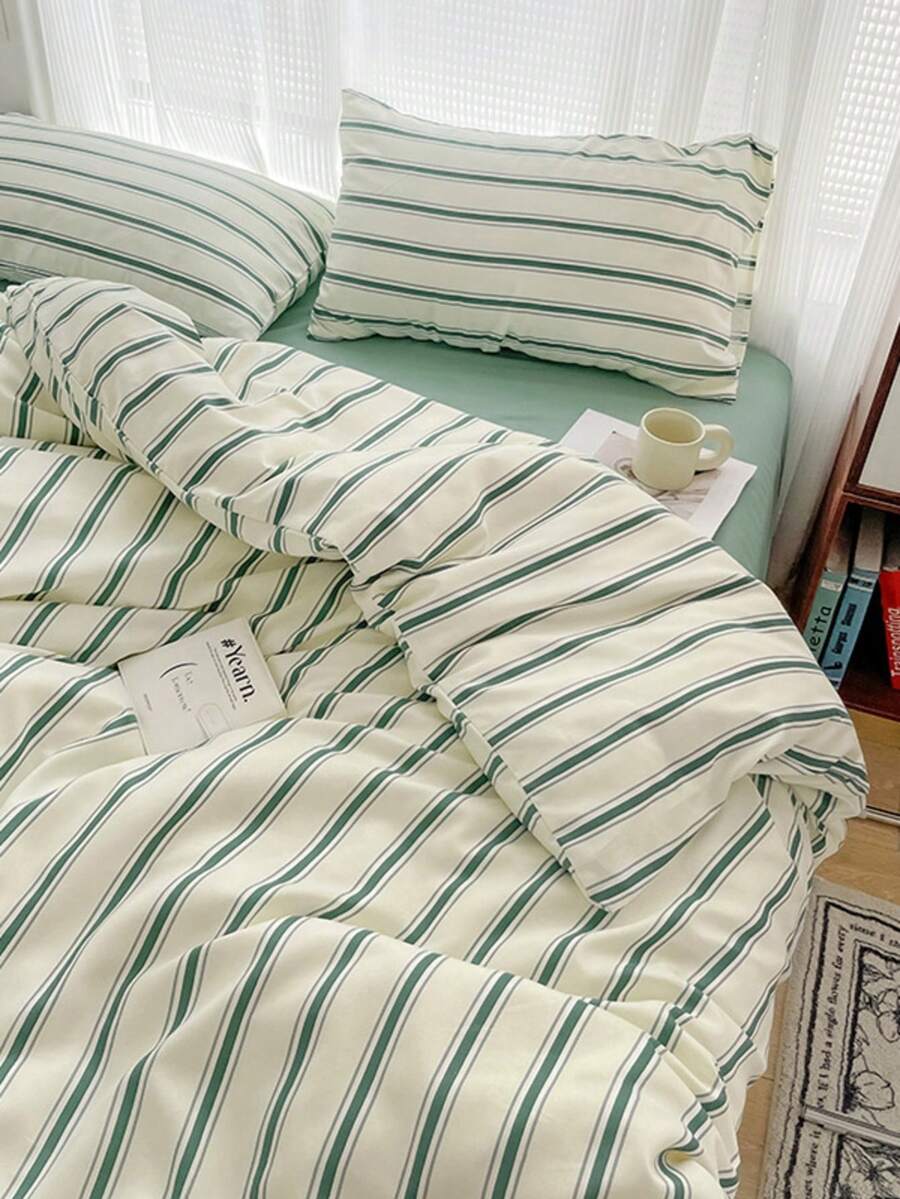 3pcs 100% Polyester Retro Green Striped Printed Duvet Cover Set, 2 Pillowcases + 1 Duvet Cover (No Bed Sheet), Soft & Comfortable, Suitable For All Seasons