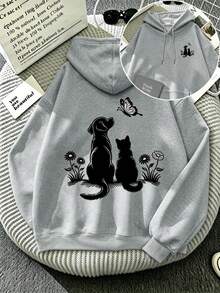 Plus-Size Women's Hoodie With Cat And Dog Double-Sided Prints, Drawstring Pockets, Casual Sports Style, Suitable For Autumn And Winter, Everyday Wear. - Grey - View 1