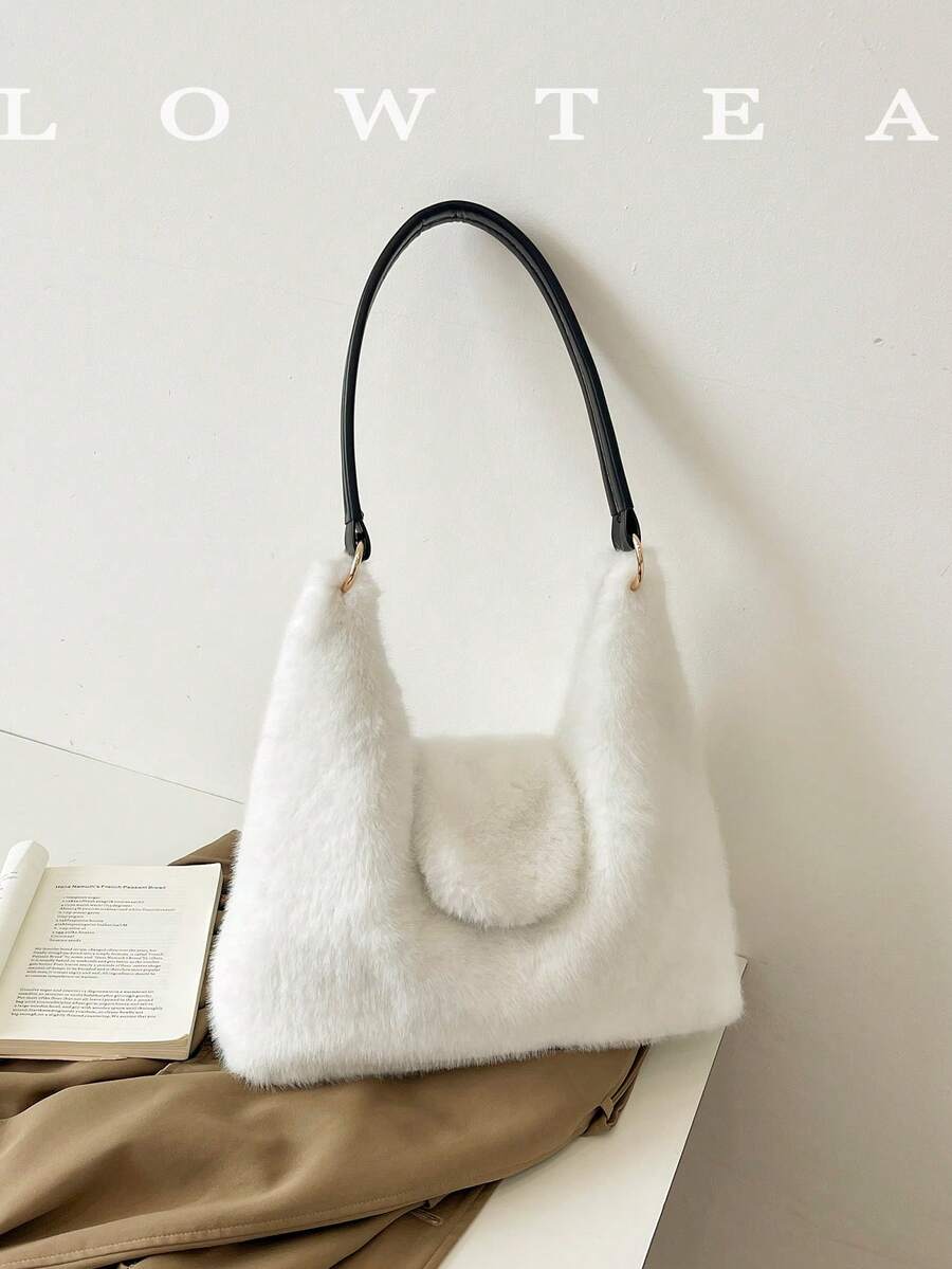 low tea 1pc Minimalist Fashion Wanderer Style Plush Fabric Shoulder Bag, Suitable For Commuting, Shopping, Etc.