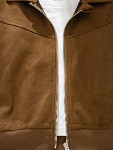 Jaket Kasual Sehari-hari untuk Anak Perempuan, Model Maillard, Warna Polos, Bahan Suede, Kerah Bulu, Resleting, Musim Gugur/Dingin - Coklat - View 5