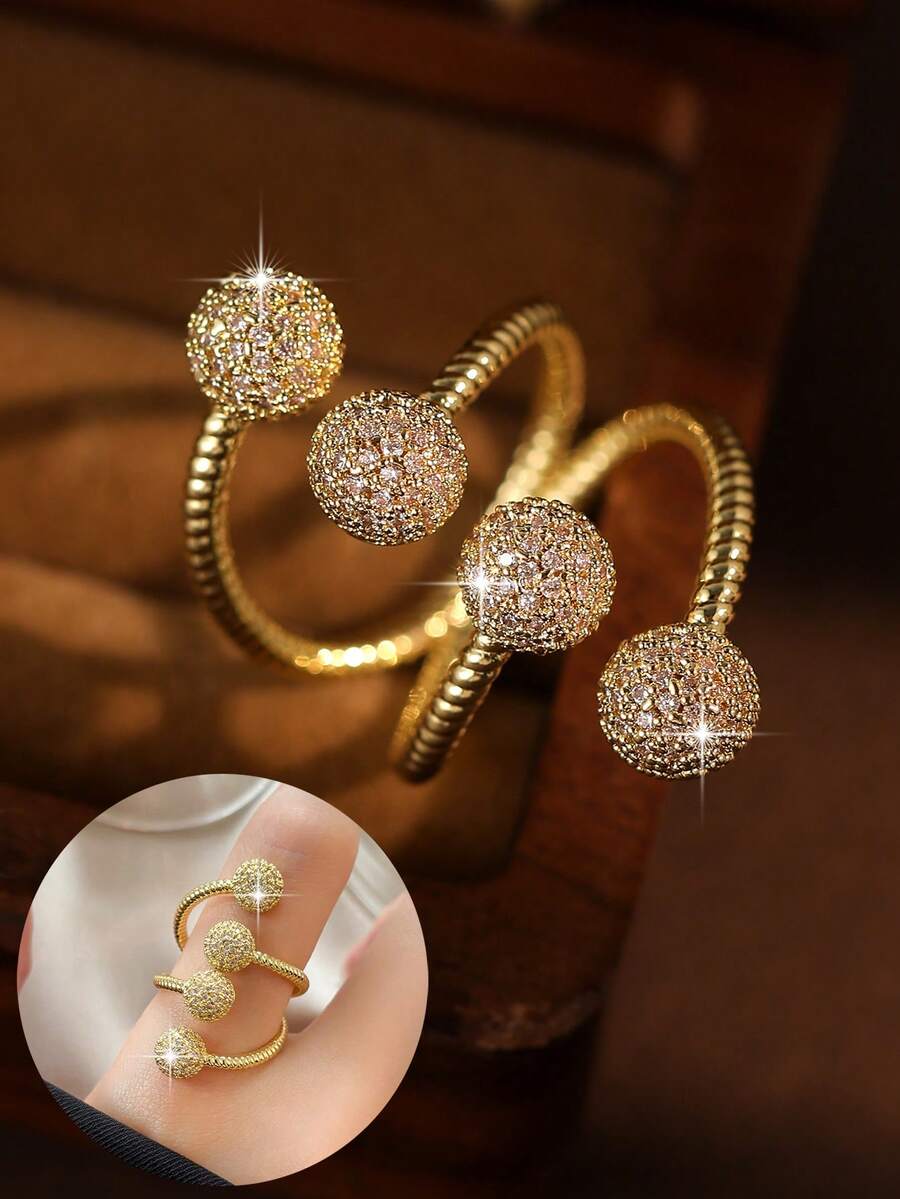 1pc Personalized Sphere Gold Plated Rings Hip Hop Cubic Zirconia Shiny Ring For Women Wedding Halloween Teacher's Gift Copper Jewelry - 4-round - View 1