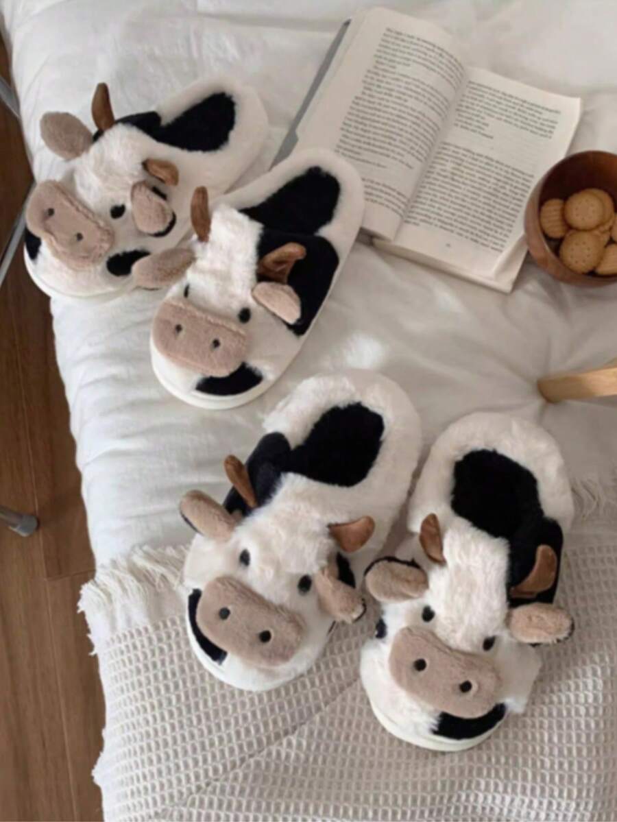 XIXITIAO 1 Pair Winter New Cute Cow Pattern Slip-On Slippers, Colorblock Plush Warm Indoor Shoes, Cartoon Soft Bottom Home Slippers, Thick Fleece Lining Maternity Slippers, Adorable Ins Style Winter Slippers For Indoor Use