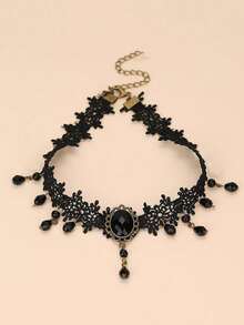 Black Lace Choker Necklace, Hollow Tassel Gothic Collarbone Chain, Luxury Elegant Style For Women Halloween - Black - View 3