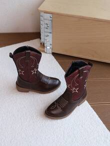 1 Pair Girls' Embroidered Mid-Calf Boots, Children's Sequin Mid-Calf Boots With Side Zipper, Non-Slip Vintage Fashion Boots - Red - View 2