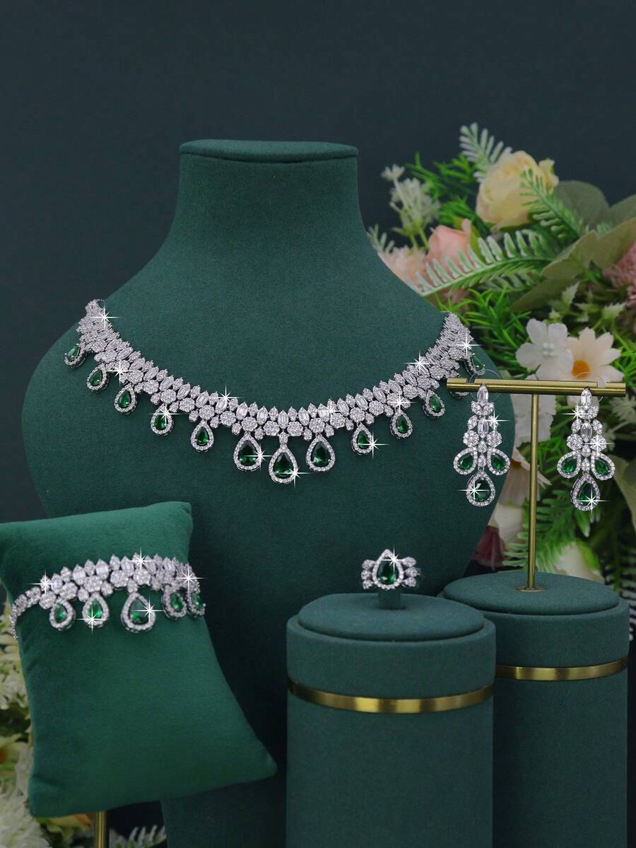 5pcs Handmade Inlaid Green Cubic Zirconia Luxury Elegant Series Water Drop Tassel Design Necklace Bracelet Earrings Ring Set Suitable For Women Daily Wear Wedding Party (Gift Box Packaging)