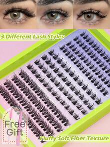 3 Styles Mixed Cluster False Eyelashes DIY Individual Lash Segmented Fluffy Voluminous Fiber Lashes Multipack Reusable Home Eyelash Extension Kit With Free Makeup Tools For Party Cosmetic Look - C - View 1