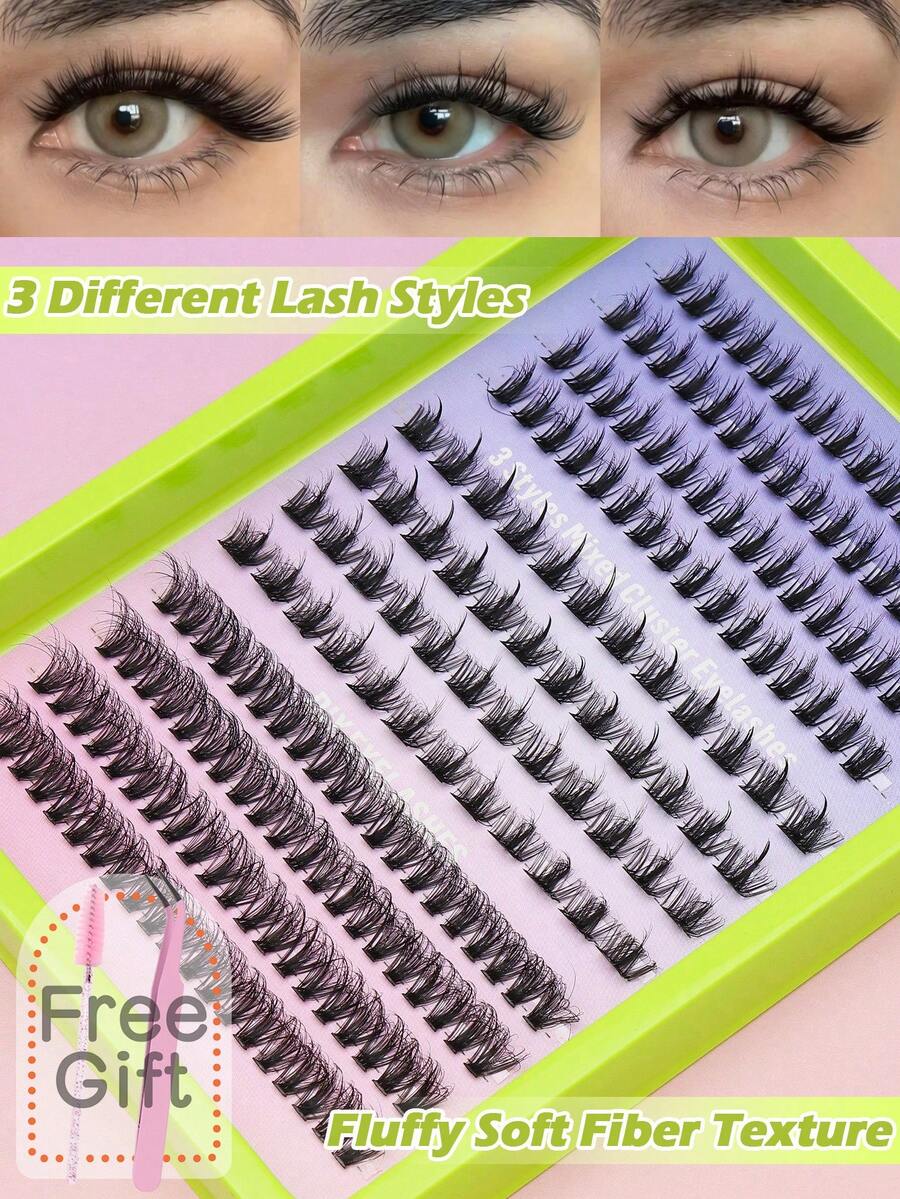 3 Styles Mixed Cluster False Eyelashes DIY Individual Lash Segmented Fluffy Voluminous Fiber Lashes Multipack Reusable Home Eyelash Extension Kit With Free Makeup Tools For Party Cosmetic Look - C - View 1