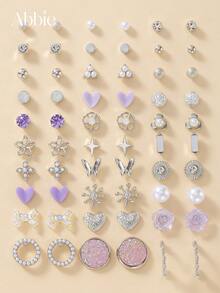 30 Pairs Elegant Minimalist Heart Star Colorful Bow Flower Stud Earrings Set For Women, Suitable For Casual Daily Wear, Vacation, Holiday Gift - Silver - View 1