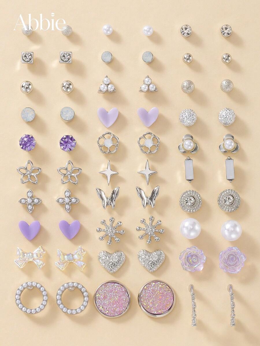 30 Pairs Elegant Minimalist Heart Star Colorful Bow Flower Stud Earrings Set For Women, Suitable For Casual Daily Wear, Vacation, Holiday Gift - Silver - View 1
