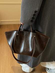 2pcs Solid Color Large Capacity Tote Bag Casual Bookbag Dual Handle Design Magnetic Closure Shoulder Bag Suitable For Travel Shopping Dating Office - Coffee - View 10