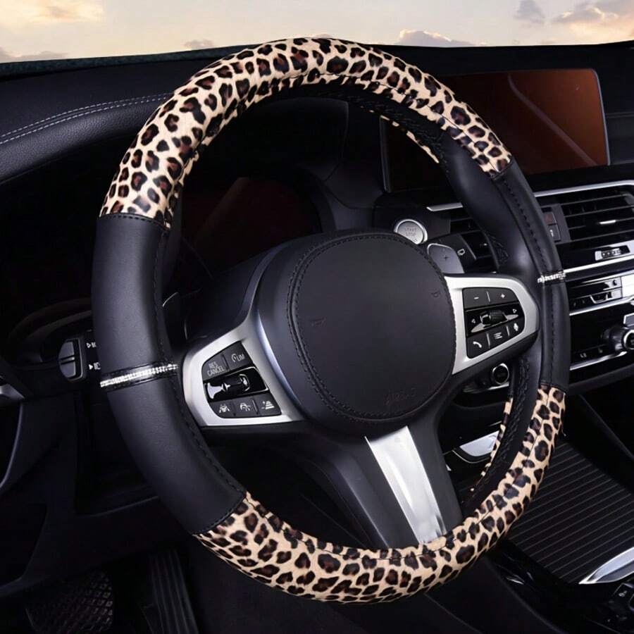 Classic Black Leopard Print Patchwork Car Steering Wheel Cover, Goddess Elegant Style, Suitable For 38cm Size, Comfortable, Sporty, Wear-Resistant, For Car Interior, Car Interior Accessories - Multicolor - View 1