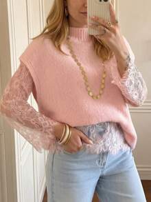 2pcs Pink Knitted Sweater Set, Soft Loose Stand Collar Sleeveless Vest With Lace Patchwork Top, Elegant Style - Pink - View 3