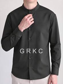 GRKC Men's Stand Collar Long Sleeve Wrinkle-Resistant Woven Loose Fit Business Casual Commute Shirt, Autumn/Winter - Black - View 3