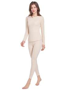 2pcs/Set Women's Thermal Underwear Set, Round Neck Top + Pants, Winter Base Layer Thermal Top And Leggings - Beige - View 6
